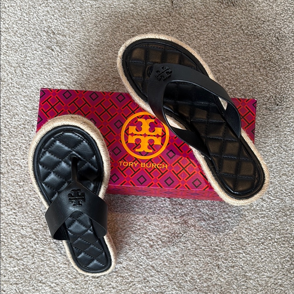 Tory Burch Black Leather Quilted Espadrille Flip Flops, size 6.5
